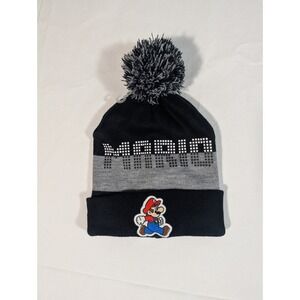 Super Mario Beanie Hat Pom Pom Black Gray Adult One Size Nintendo